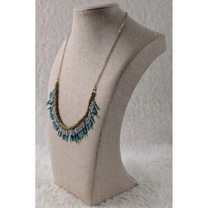 Boho Gold Tone Beaded Fringe Necklace Turquoise Gray Seed Bead Statement